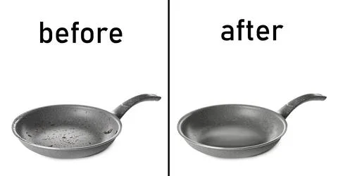 Frying pan before and after cleaning on white background, collage Photos
