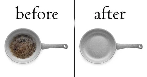 Frying pan before and after cleaning on white background, collage Photos