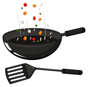 Frying pan and black spatula Stock Illustration