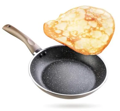 Frying pan and pancake flying on a white background. Isolated Stock Photos
