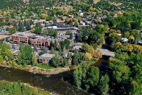 Frying Pan and Roaring Fork Rivers Confluence in Basalt, CO - aerial photograph Stock Photos