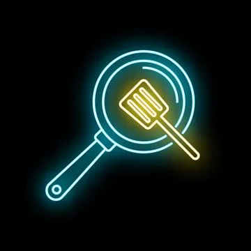Frying pan and spatula neon glowing icon on black Stock Illustration