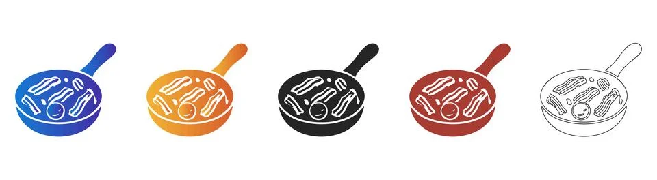 Frying pan with bacon and egg icon set Stock Illustration