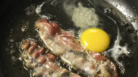 Frying Pan with Bacon and Eggs Stock Footage