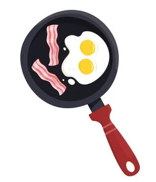 Frying pan with bacon and eggs. Breakfast. Vector illustration in cartoon flat s Stock Illustration