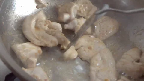 Frying pan with chikken fillet on gas stove Video stock 69075448