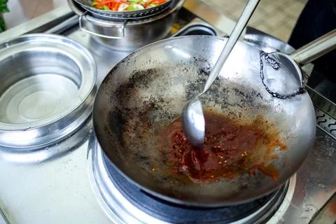 Frying pan close up cooking wok noodles Stock Photos