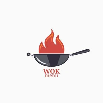 Frying pan design menu. Wok with fire flame Stock Illustration