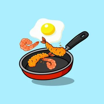 Frying Pan with Egg and Tempura Shrimp Fries Vector Illustration Cartoon Design Stock Illustration