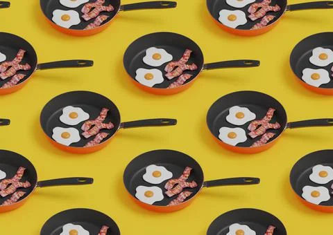 Frying pan with eggs and bacon in isometric seamless pattern. 3d illustration 库存插图