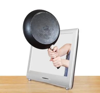 Frying pan in female hands leans out tv screen Stock Illustration