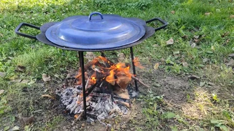 Frying pan on fire at sunset. cooking in nature Stock Footage 199440640