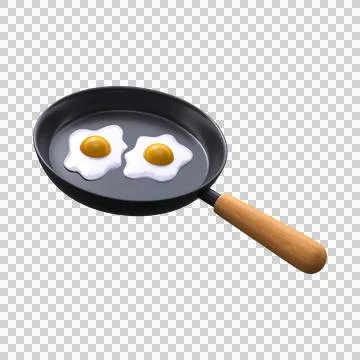 Frying pan with fried egg. Cooking scrambled eggs. 3d icon. Stock Illustration