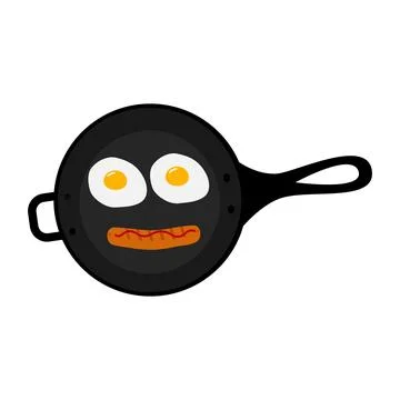 Frying pan with fried eggs and strip of ketchup on a sausage in shape of smiling Stock Illustration
