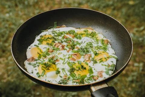 Frying pan of fried eggs, bacon and organic greens, green grass on the Stock-Fotos
