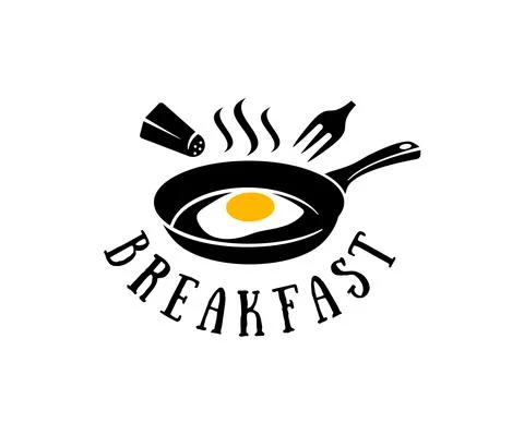 Frying pan with fried eggs, salt cellar and fork, logo design Stock Illustration