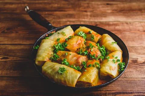 Frying Pan Full of Cabbage Rolls Stuffed with Minced Beef Stock Photos