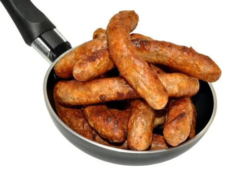 Frying Pan Full Of Sausages Stock-Fotos