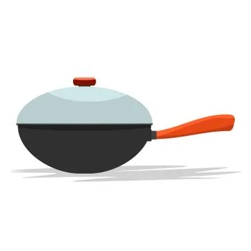 Frying pan with handle and cover. From side view. Flat and solid color vector Stock Illustration