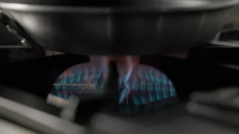 Frying Pan Heating on Gas Stove Flame Stock Footage 313042157