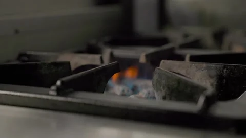 Frying Pan Heating on Gas Stove Flame Stock Footage 313042181