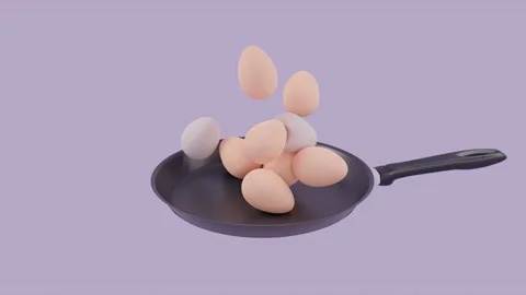 Frying pan isolated on purple background with falling bouncy egg. Stock Footage 132767729