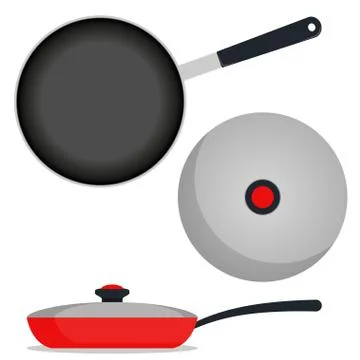 Frying pan with lid, top view and side view. Vector illustration. Stock Illustration