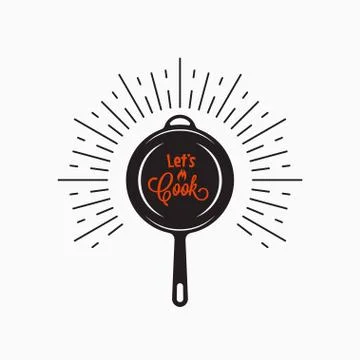 Frying pan logo. Lets cook lettering on white Stock Illustration