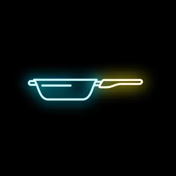 Frying pan neon sign glowing with blue and yellow light Stock Illustration