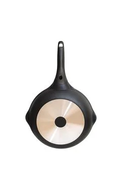 Frying pan rear view isolated on white, Aluminum bottom of pan Stock Photos