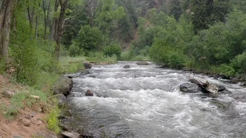 Frying Pan River, camera pans down closer to whitewater. Stock Footage 93492307