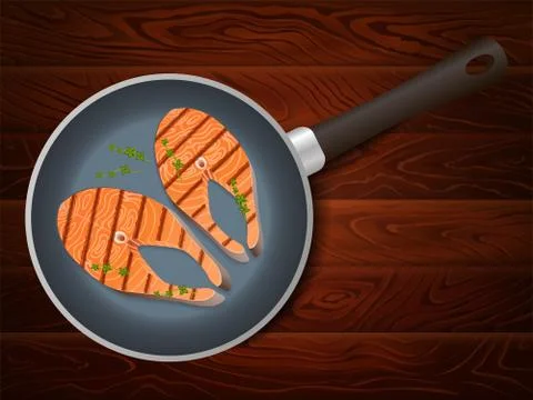 FRYING PAN SALMON STEAKS THYME WOODEN TABLE Stock Illustration
