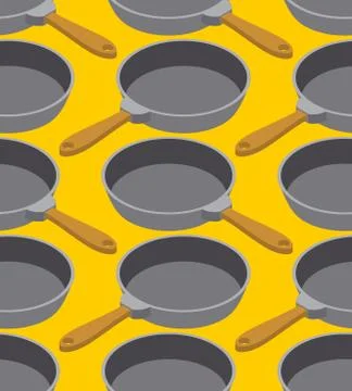 Frying pan seamless pattern. Fry dishes background. Kitchen ornament 스톡 일러스트