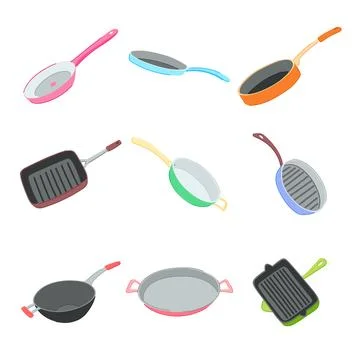 Frying pan set cartoon vector illustration Stock Illustration