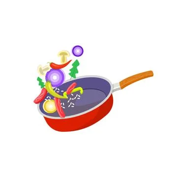 Frying Pan with sliced vegetables and meat vector illustration. Illustrazione stock