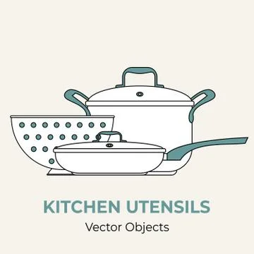 Frying pan stock pot colander cookware simple form vector illustration. Vecto Stock Illustration