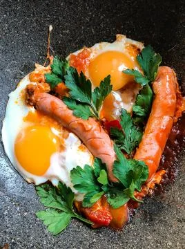 Frying pan with tasty cooked egg and sausages on table Stock Photos