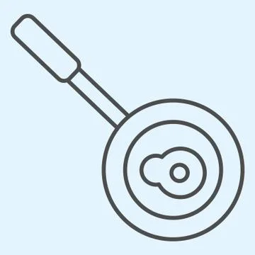 Frying pan thin line icon. Plate with handle, cooking pan and cooked roast egg Illustration