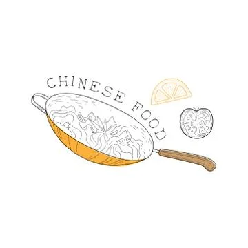 Frying Pan, Tomato And Hot Pepper Chinese Food And Wok Fast Food Cafe Menu Hand Stock Illustration
