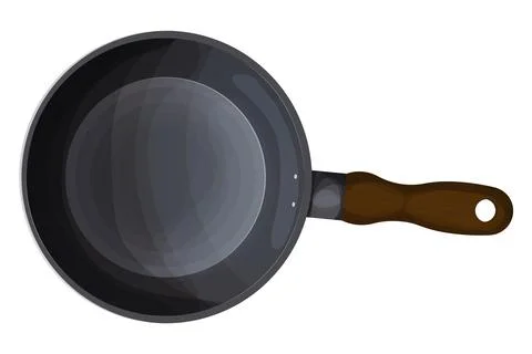 Frying pan top view kitchen cookware equipment in cartoon style isolated on Stock Illustration