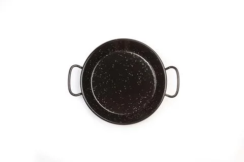 A frying pan with two handles isolated on a white background in a top view Stock Photos