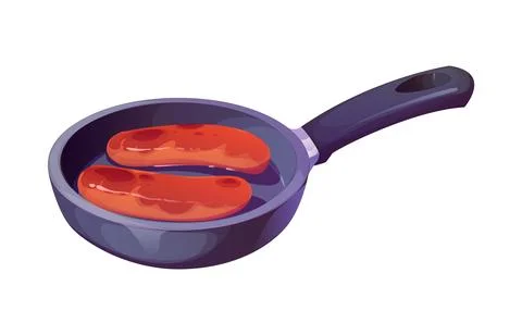 Frying pan with two sausages sizzling inside 库存插图
