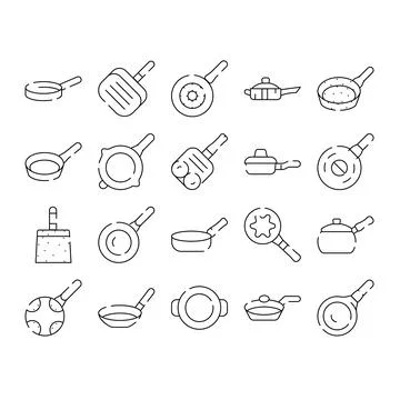 Frying pans and skillets kitchen cookware items line icons Stock Illustration