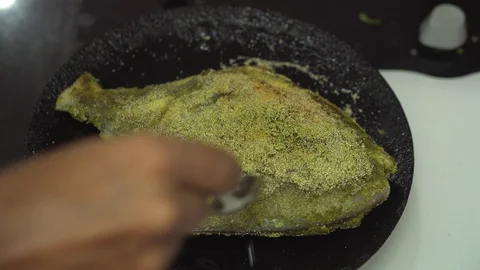 Frying Pomfret Fish with Green Spices in a Pan 4K Part6 Video stock 120725448