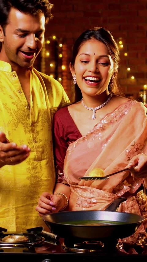 Frying poori on Diwali, Indian couple cooking together in festive kitchen Stock Footage 342382233