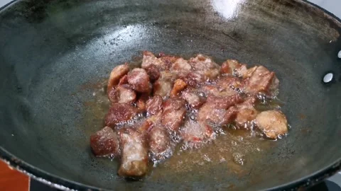 Frying Pork Cubes in a Frying Pan Stock Footage 157676541