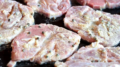 Frying pork meat Stock Footage 35649491