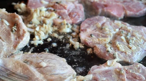 Frying pork meat Stock Footage 35649492