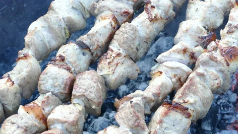 Frying pork on a skewer over a brazier. Appetizing shish kebab. Delicious Stock Footage 155759614