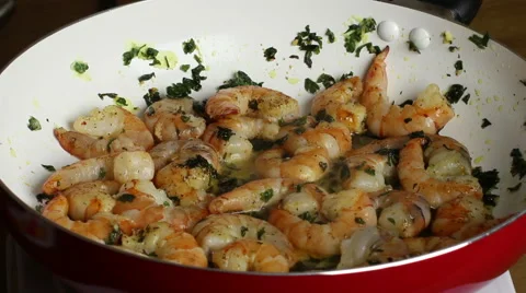 Frying prawn, adding wine. Stock Footage 55709532